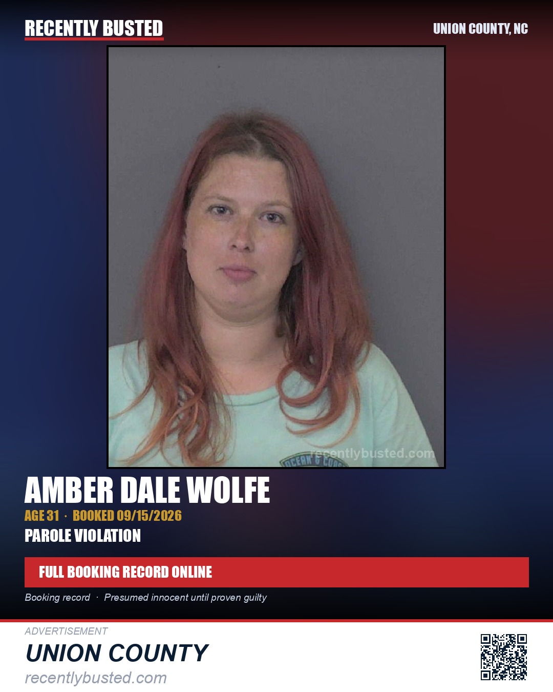 WOLFE, AMBER DALE — arrest record card, Union County, North Carolina