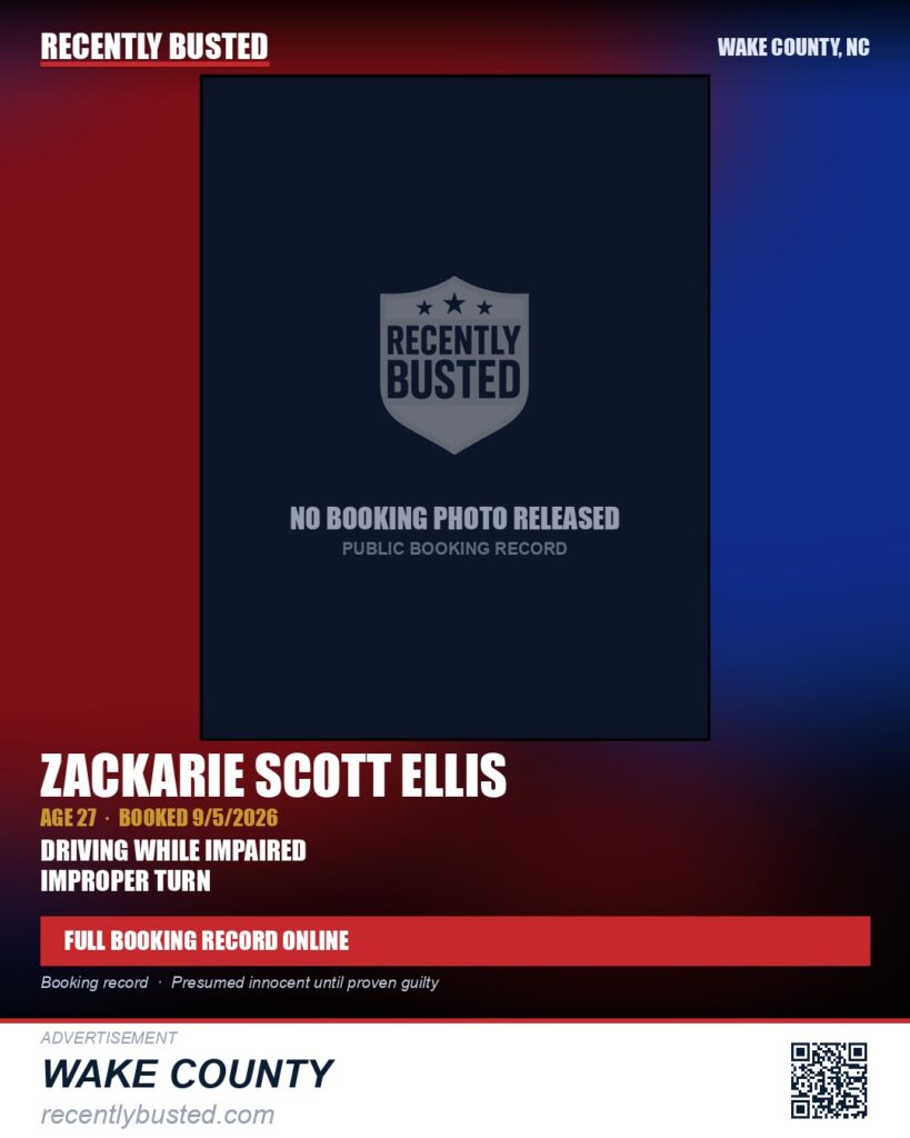 ZACKARIE SCOTT ELLIS — arrest record card, Wake County, North Carolina