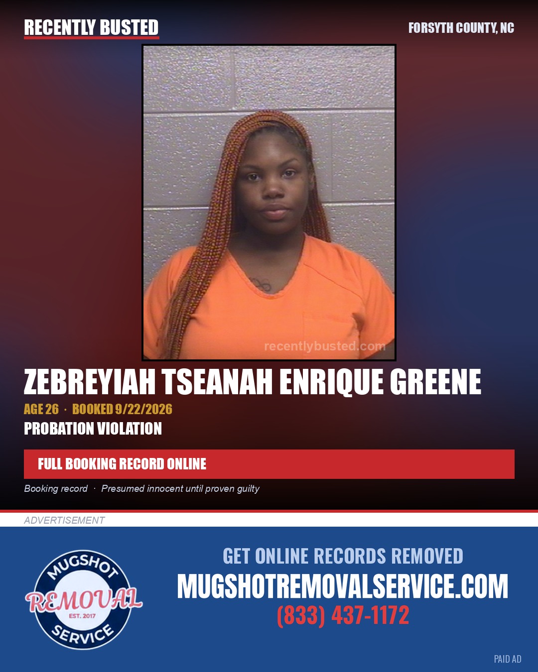 ZEBREYIAH TSEANAH ENRIQUE GREENE — arrest record card, Forsyth County, North Carolina
