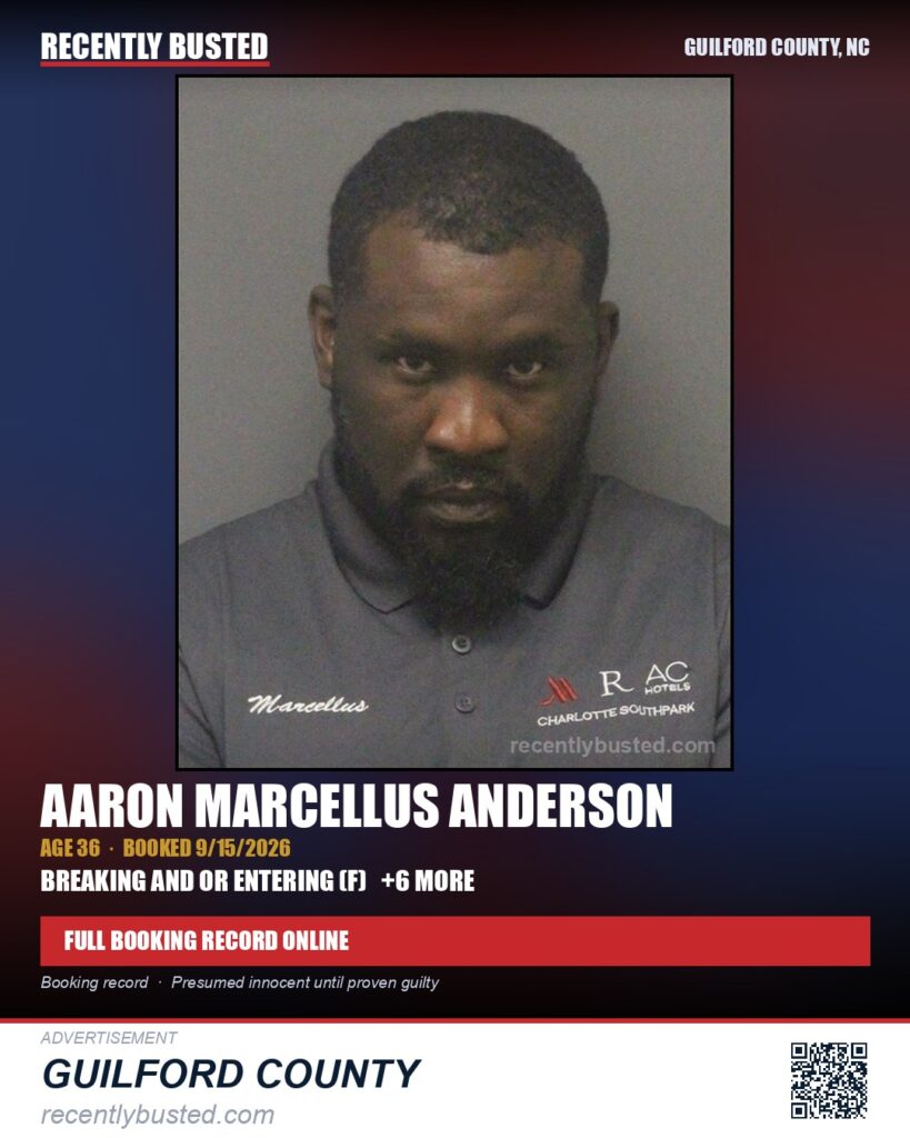AARON MARCELLUS ANDERSON — arrest record card, Guilford County, North Carolina