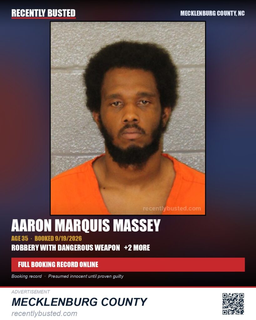 AARON MARQUIS MASSEY — arrest record card, Mecklenburg County, North Carolina