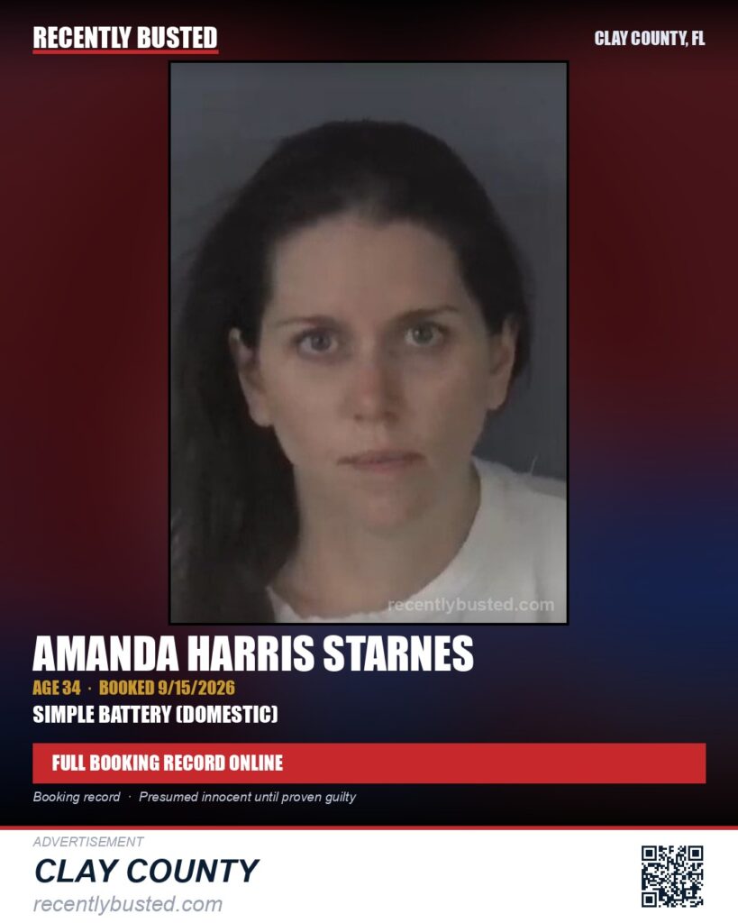 AMANDA HARRIS STARNES — arrest record card, Clay County, Florida