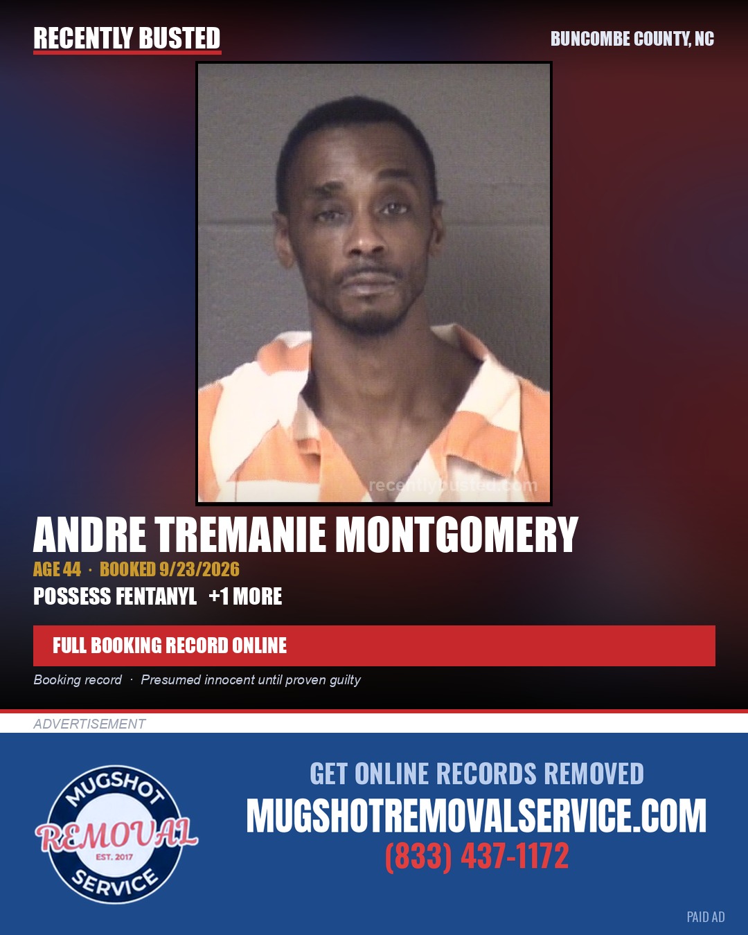 ANDRE TREMANIE MONTGOMERY — arrest record card, Buncombe County, North Carolina