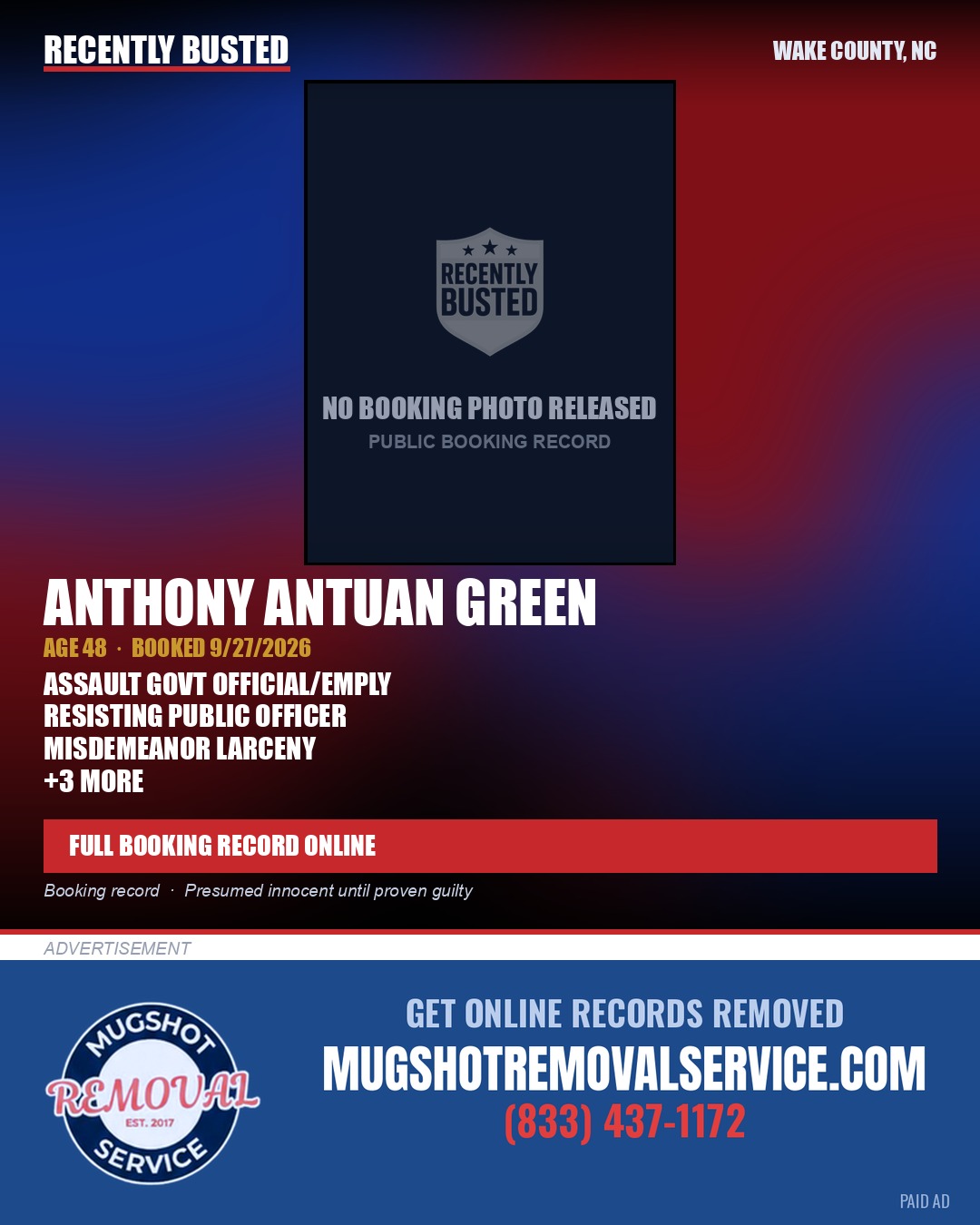 ANTHONY ANTUAN GREEN — arrest record card, Wake County, North Carolina