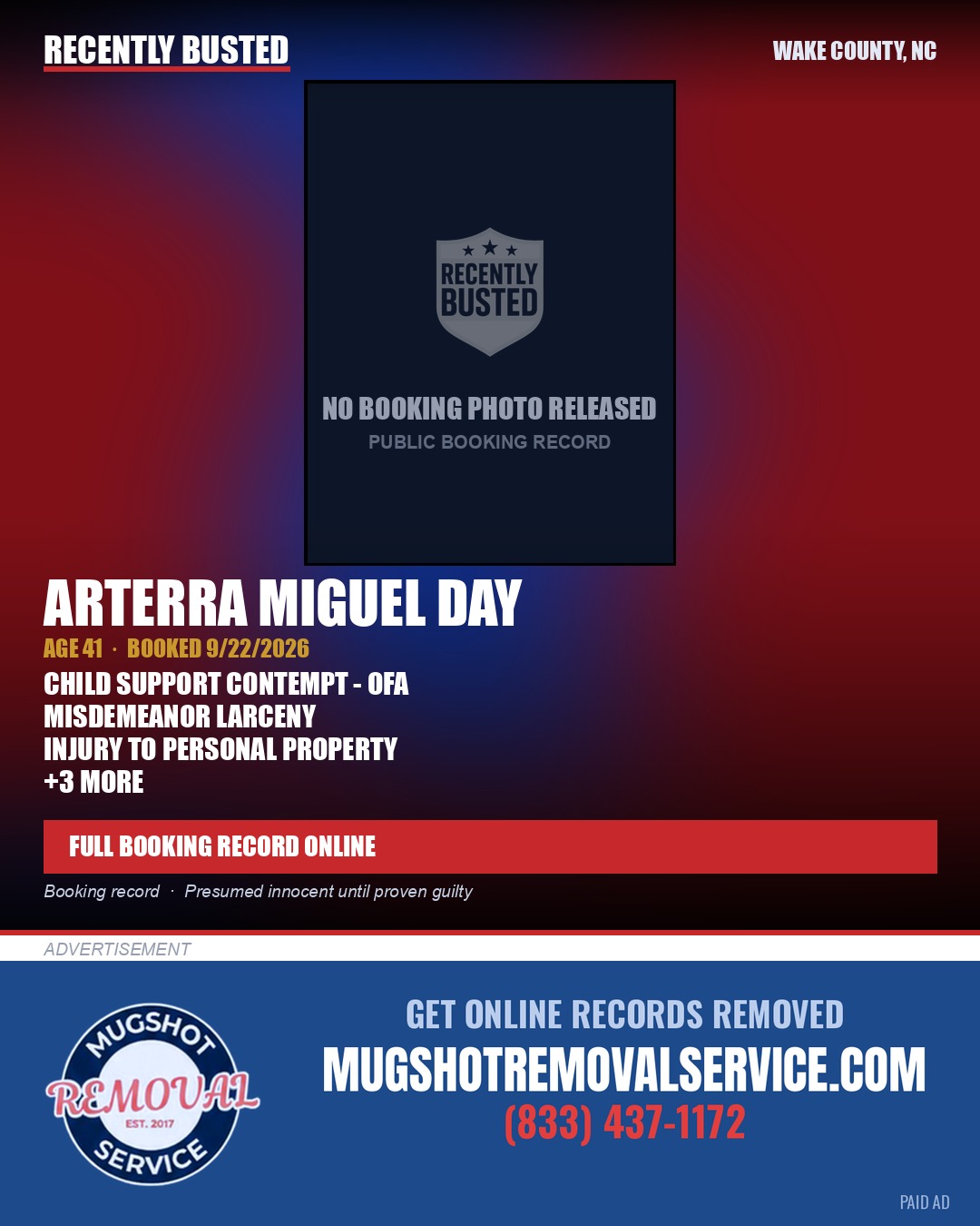 ARTERRA MIGUEL DAY — arrest record card, Wake County, North Carolina