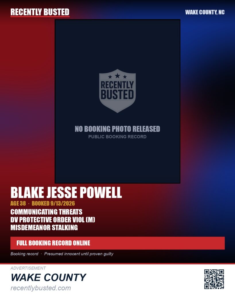 BLAKE JESSE POWELL — arrest record card, Wake County, North Carolina