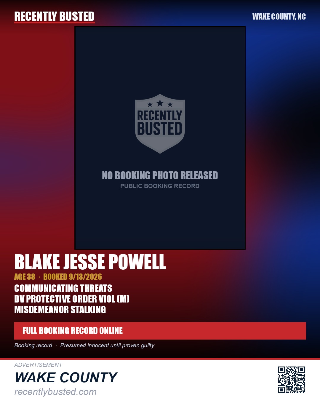 BLAKE JESSE POWELL — arrest record card, Wake County, North Carolina