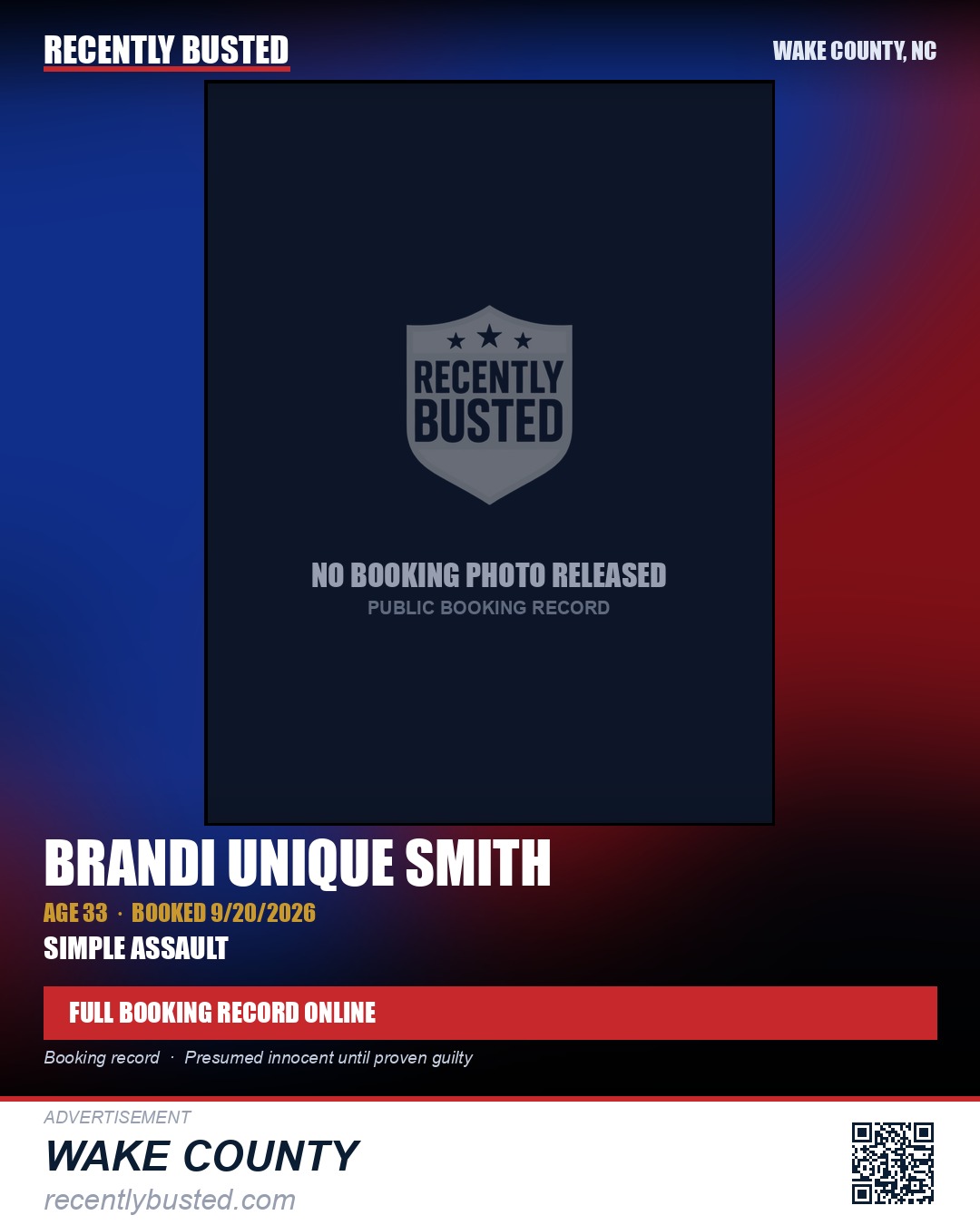 BRANDI UNIQUE SMITH — arrest record card, Wake County, North Carolina