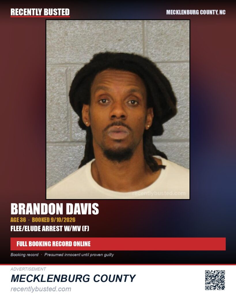 BRANDON DAVIS — arrest record card, Mecklenburg County, North Carolina