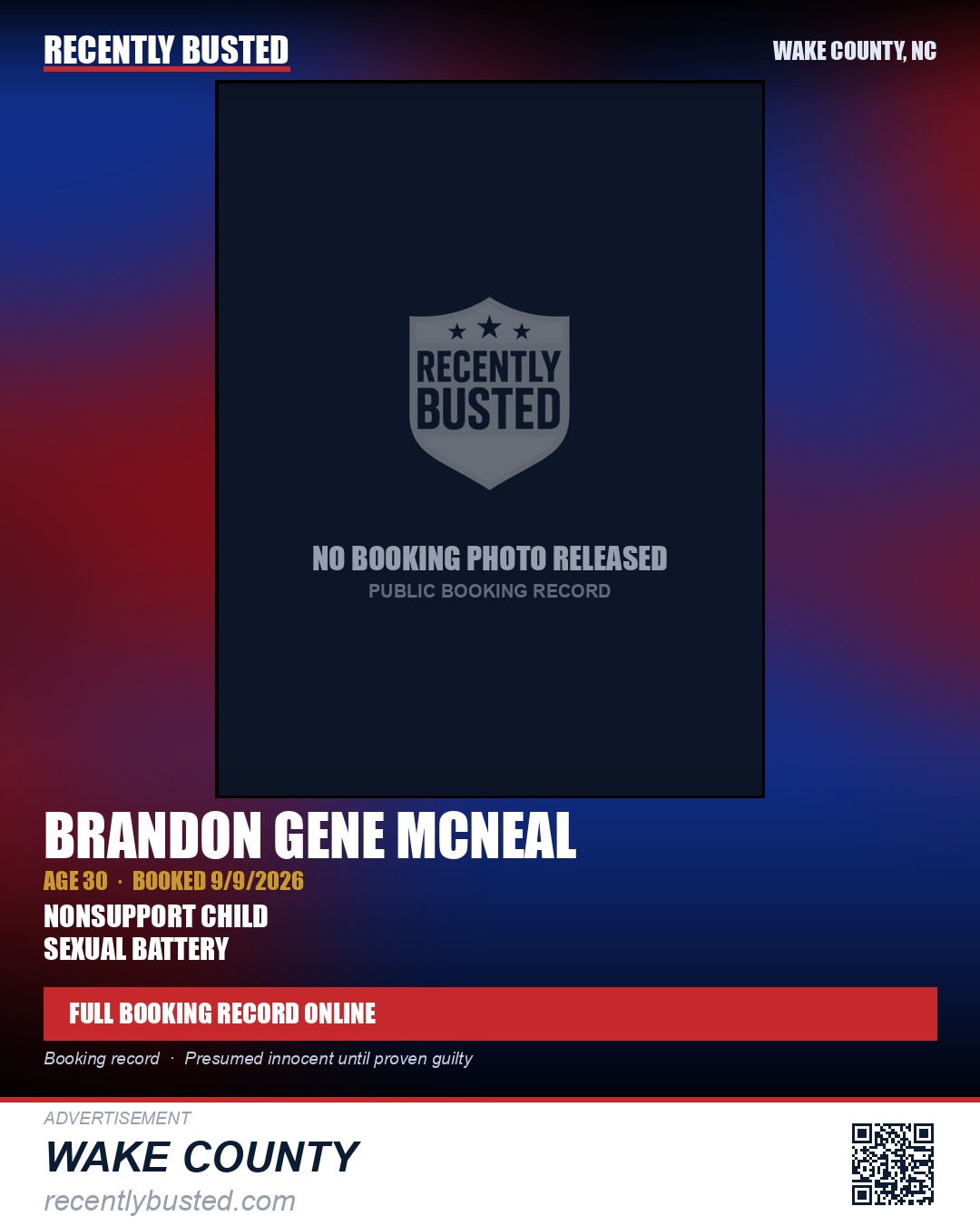 BRANDON GENE MCNEAL — arrest record card, Wake County, North Carolina