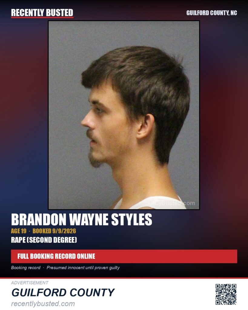 BRANDON WAYNE STYLES — arrest record card, Guilford County, North Carolina