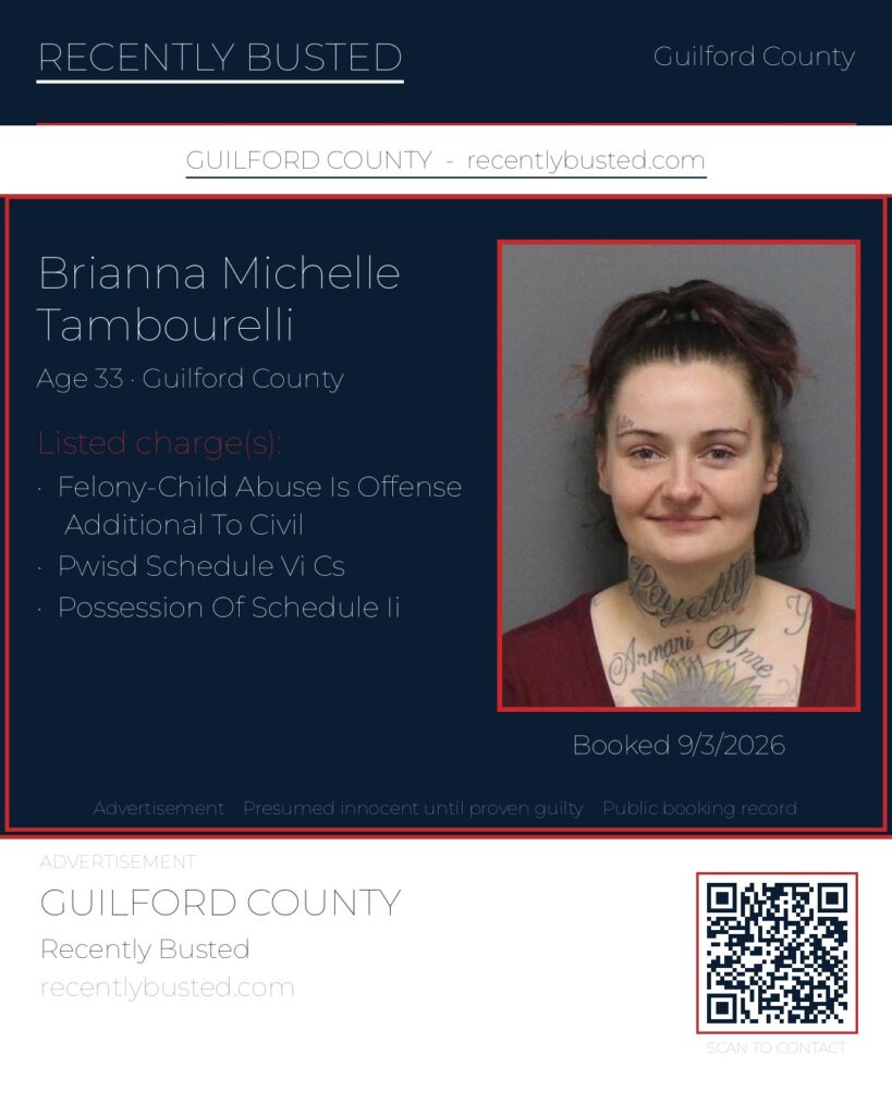 BRIANNA MICHELLE TAMBOURELLI — arrest record card, Guilford County, North Carolina