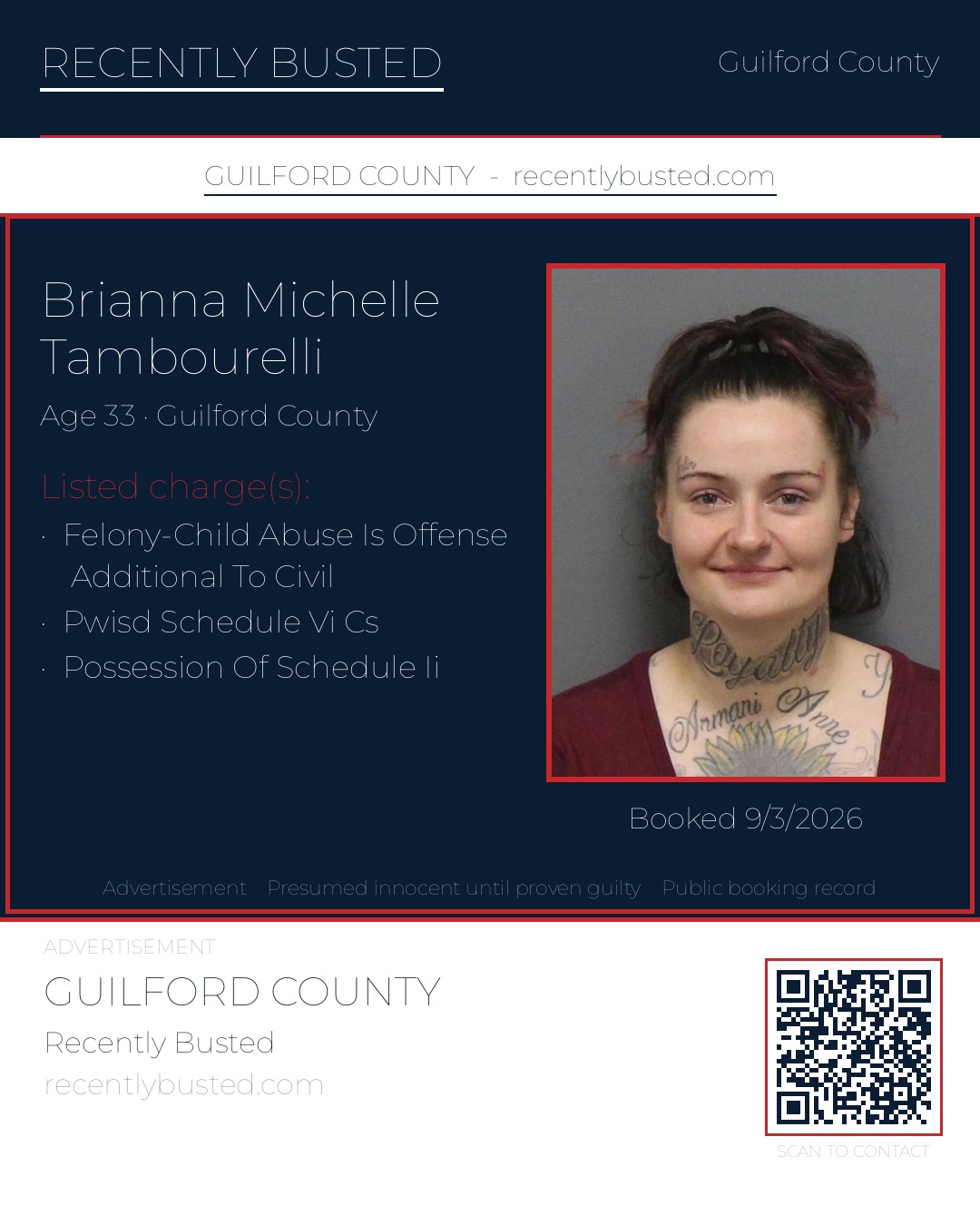 BRIANNA MICHELLE TAMBOURELLI — arrest record card, Guilford County, North Carolina