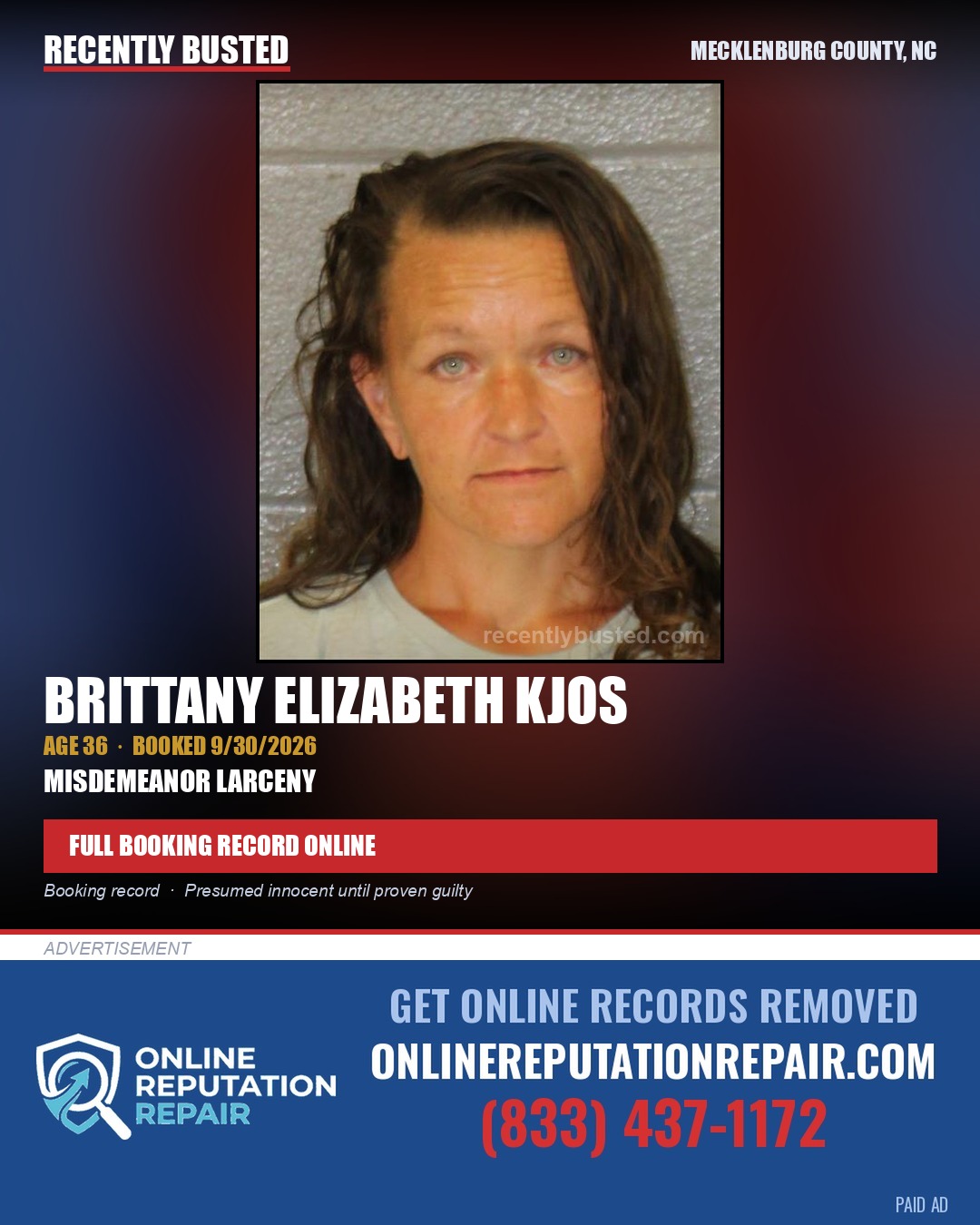 BRITTANY ELIZABETH KJOS — arrest record card, Mecklenburg County, North Carolina