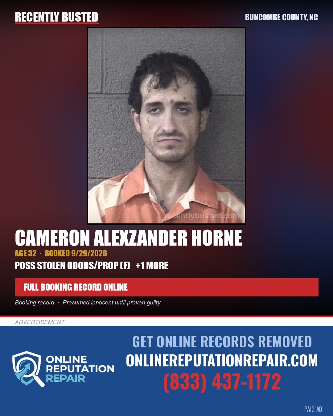 CAMERON ALEXZANDER HORNE — arrest record card, Buncombe County, North Carolina
