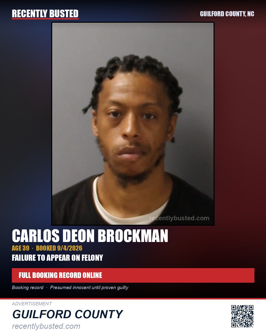 CARLOS DEON BROCKMAN — arrest record card, Guilford County, North Carolina