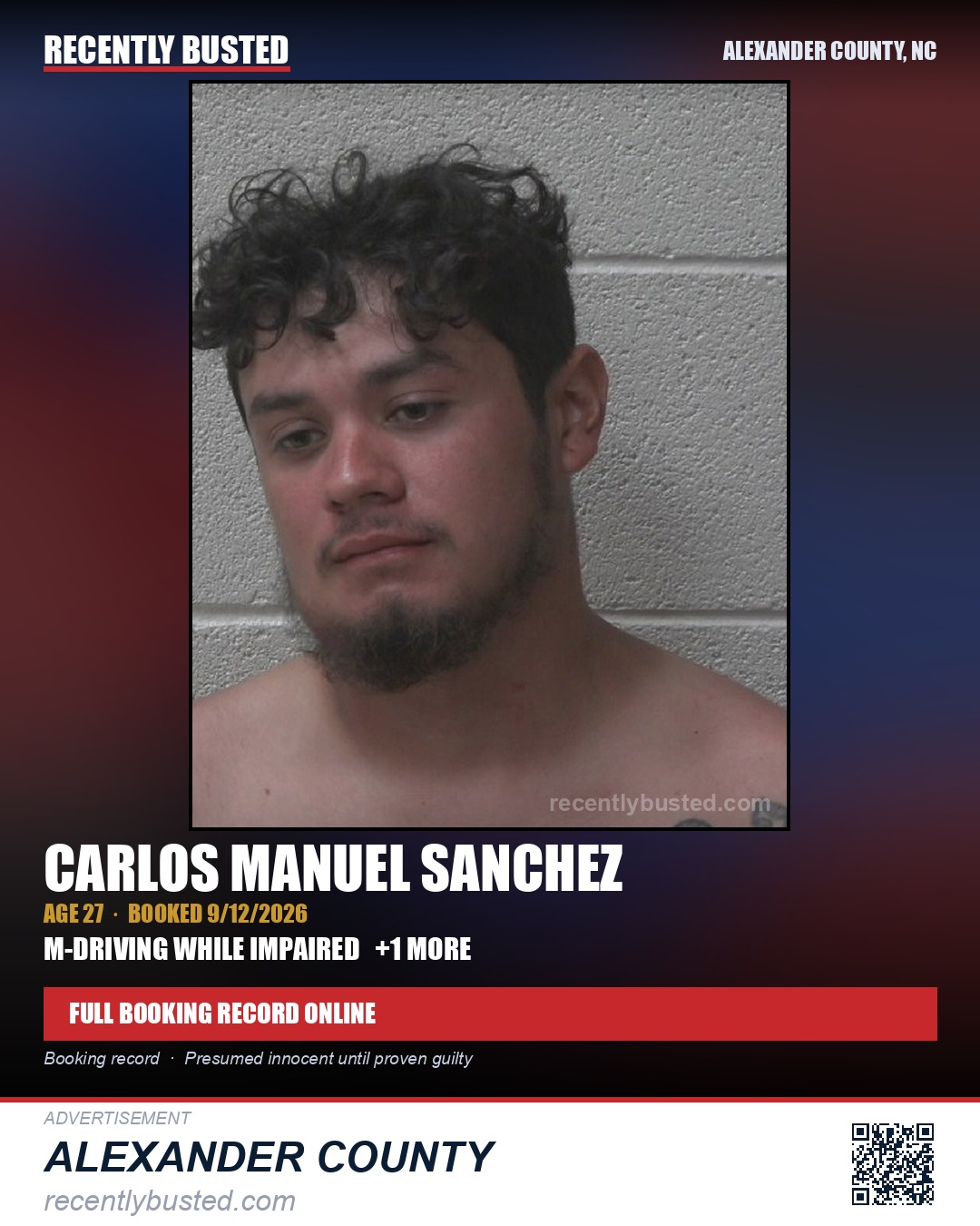 CARLOS MANUEL SANCHEZ — arrest record card, Alexander County, North Carolina