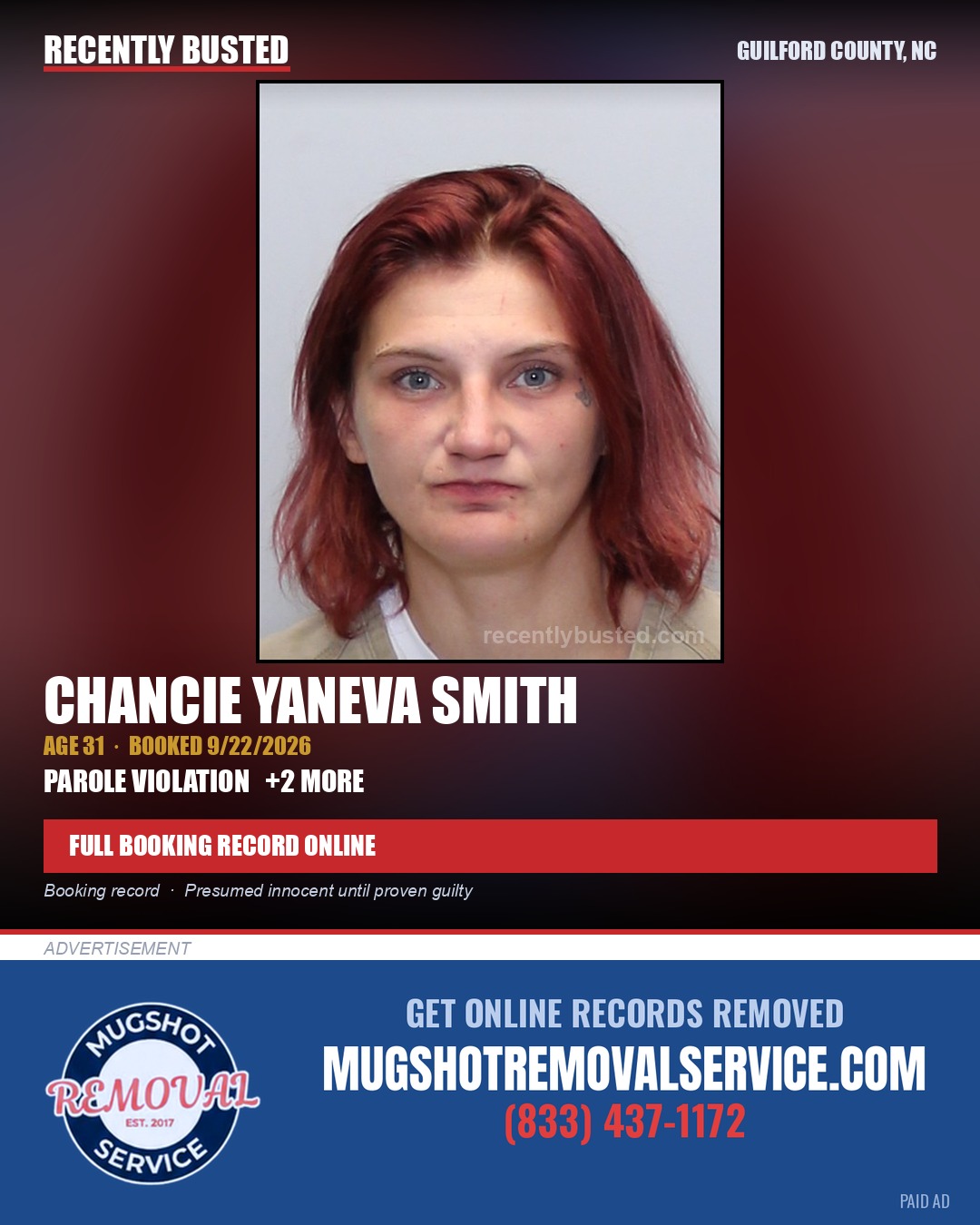 CHANCIE YANEVA SMITH — arrest record card, Guilford County, North Carolina