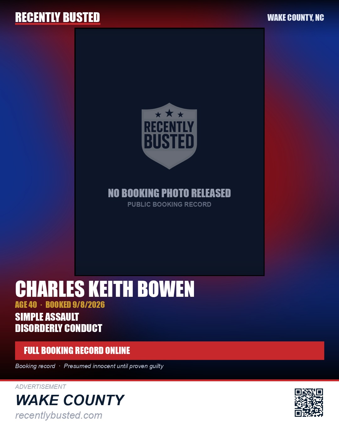 CHARLES KEITH BOWEN — arrest record card, Wake County, North Carolina