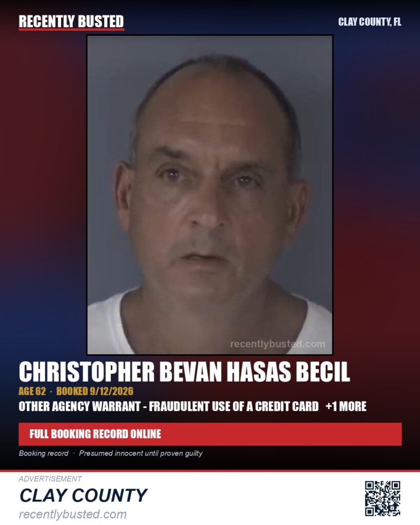 CHRISTOPHER BEVAN HASAS BECIL — arrest record card, Clay County, Florida