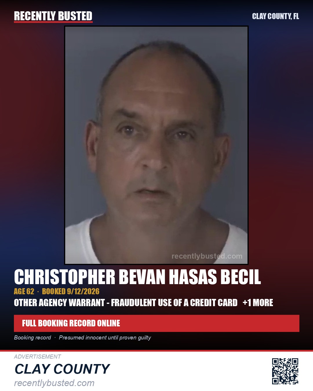 CHRISTOPHER BEVAN HASAS BECIL — arrest record card, Clay County, Florida