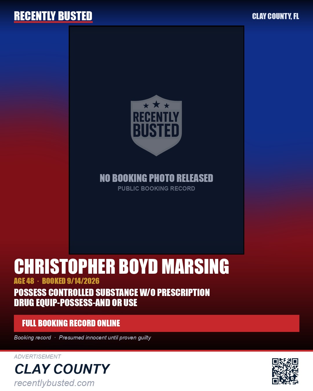 CHRISTOPHER BOYD MARSING — arrest record card, Clay County, Florida