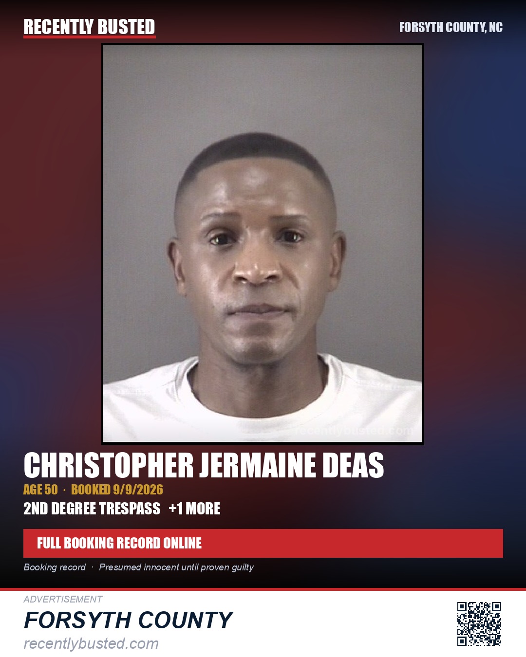 CHRISTOPHER JERMAINE DEAS — arrest record card, Forsyth County, North Carolina