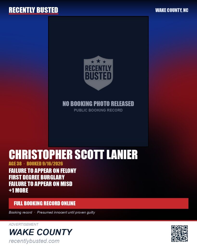 CHRISTOPHER SCOTT LANIER — arrest record card, Wake County, North Carolina