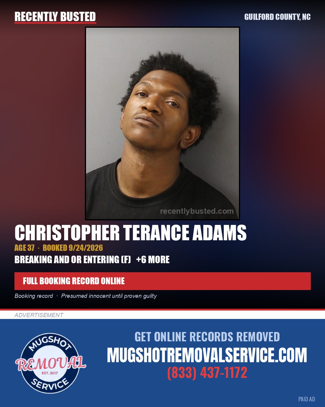 CHRISTOPHER TERANCE ADAMS — arrest record card, Guilford County, North Carolina