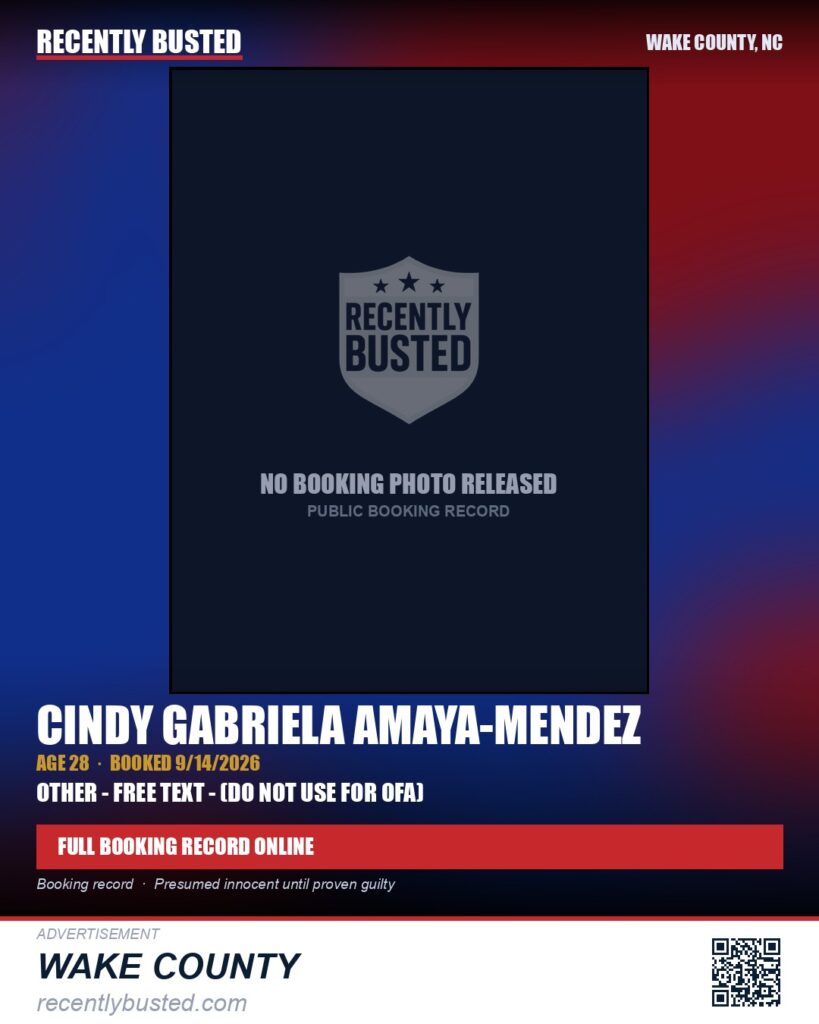 CINDY GABRIELA AMAYA-MENDEZ — arrest record card, Wake County, North Carolina
