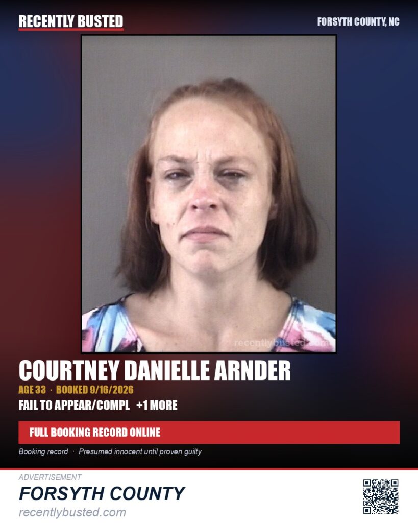 COURTNEY DANIELLE ARNDER — arrest record card, Forsyth County, North Carolina