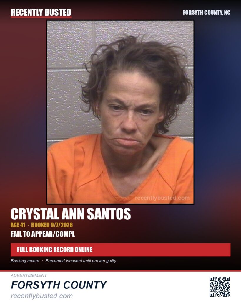 CRYSTAL ANN SANTOS — arrest record card, Forsyth County, North Carolina