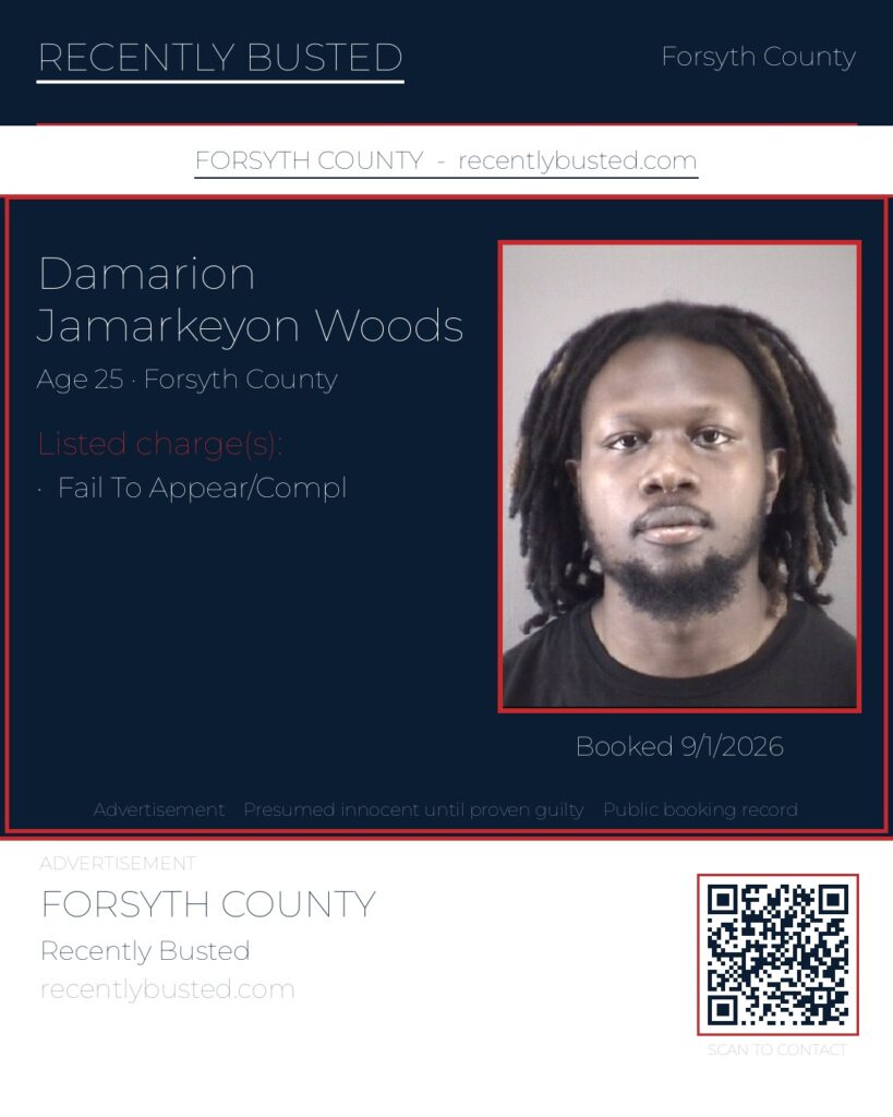 DAMARION JAMARKEYON WOODS — arrest record card, Forsyth County, North Carolina