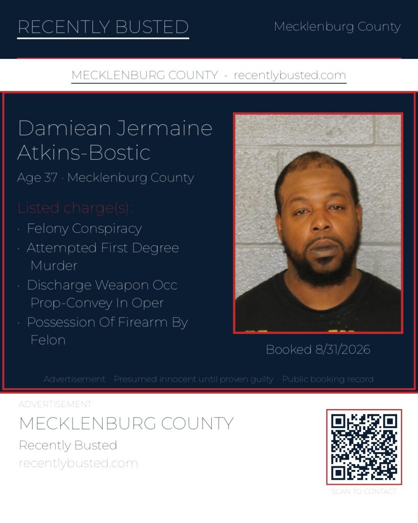 DAMIEAN JERMAINE ATKINS-BOSTIC — arrest record card, Mecklenburg County, North Carolina