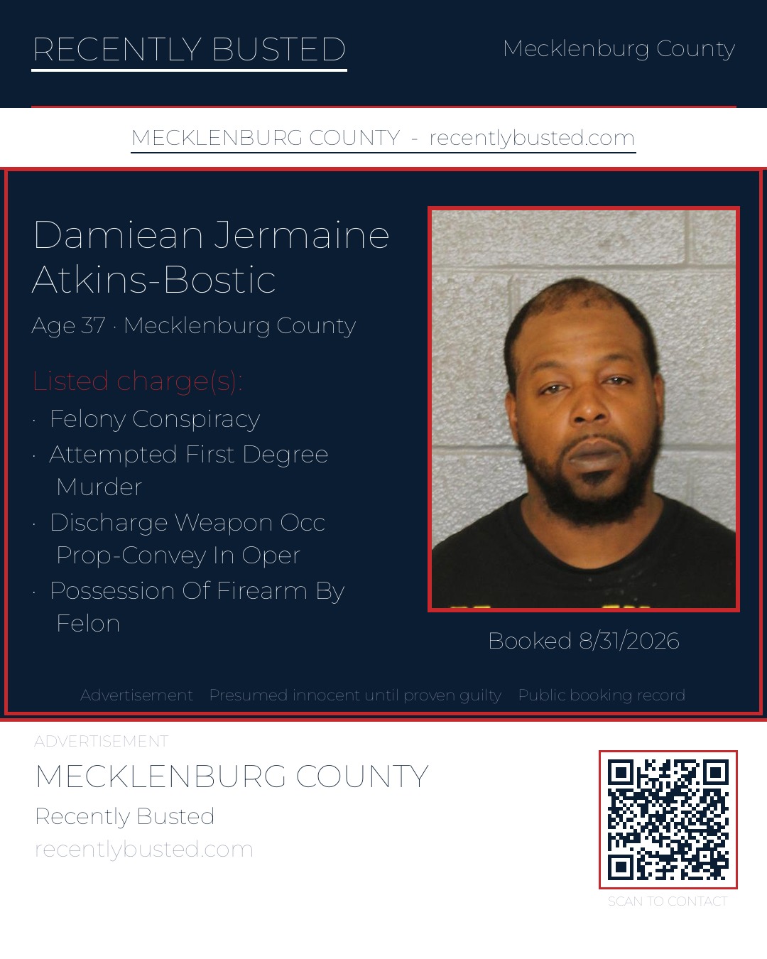 DAMIEAN JERMAINE ATKINS-BOSTIC — arrest record card, Mecklenburg County, North Carolina