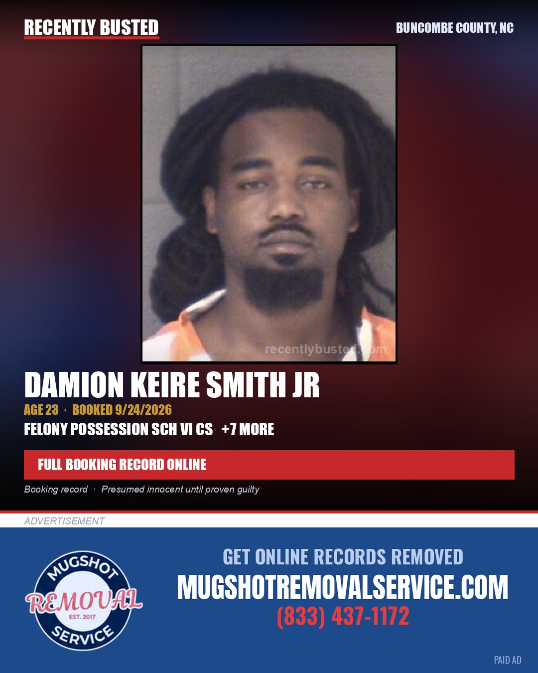 DAMION KEIRE SMITH JR — arrest record card, Buncombe County, North Carolina