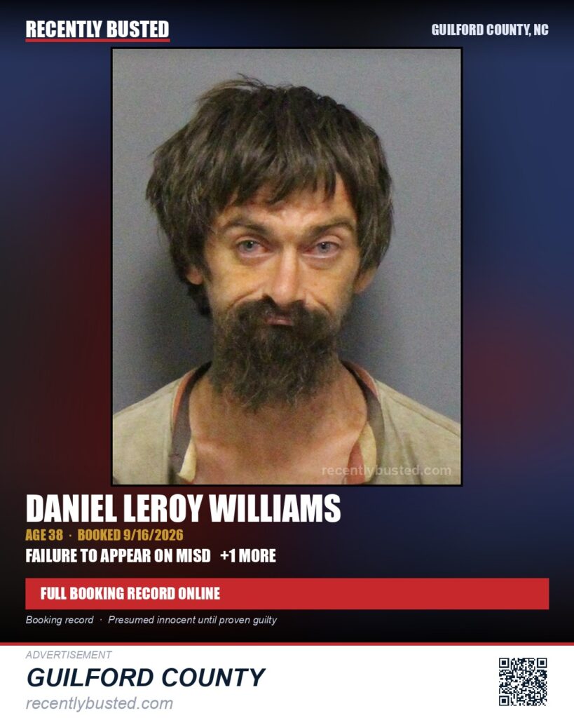 DANIEL LEROY WILLIAMS — arrest record card, Guilford County, North Carolina