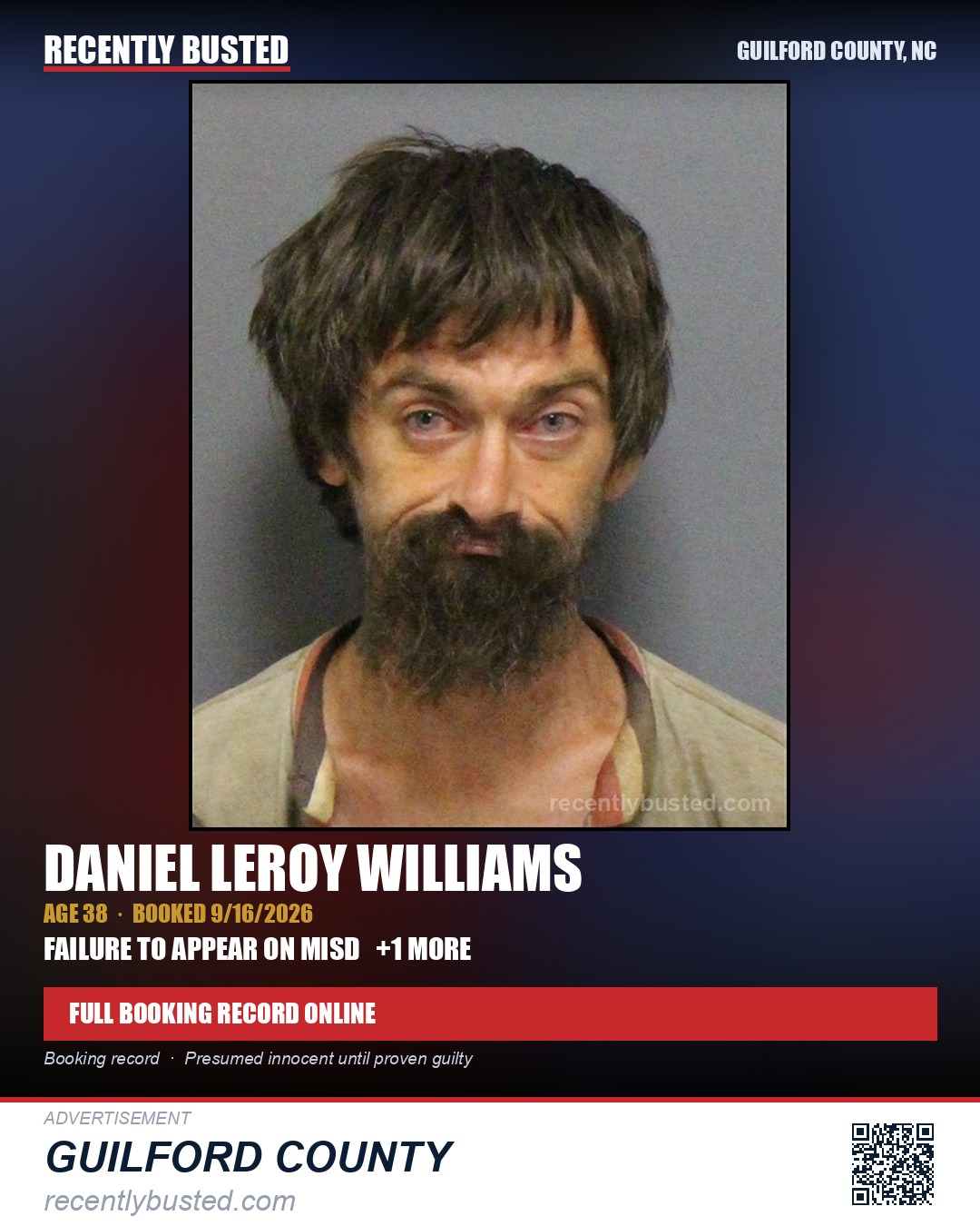 DANIEL LEROY WILLIAMS — arrest record card, Guilford County, North Carolina