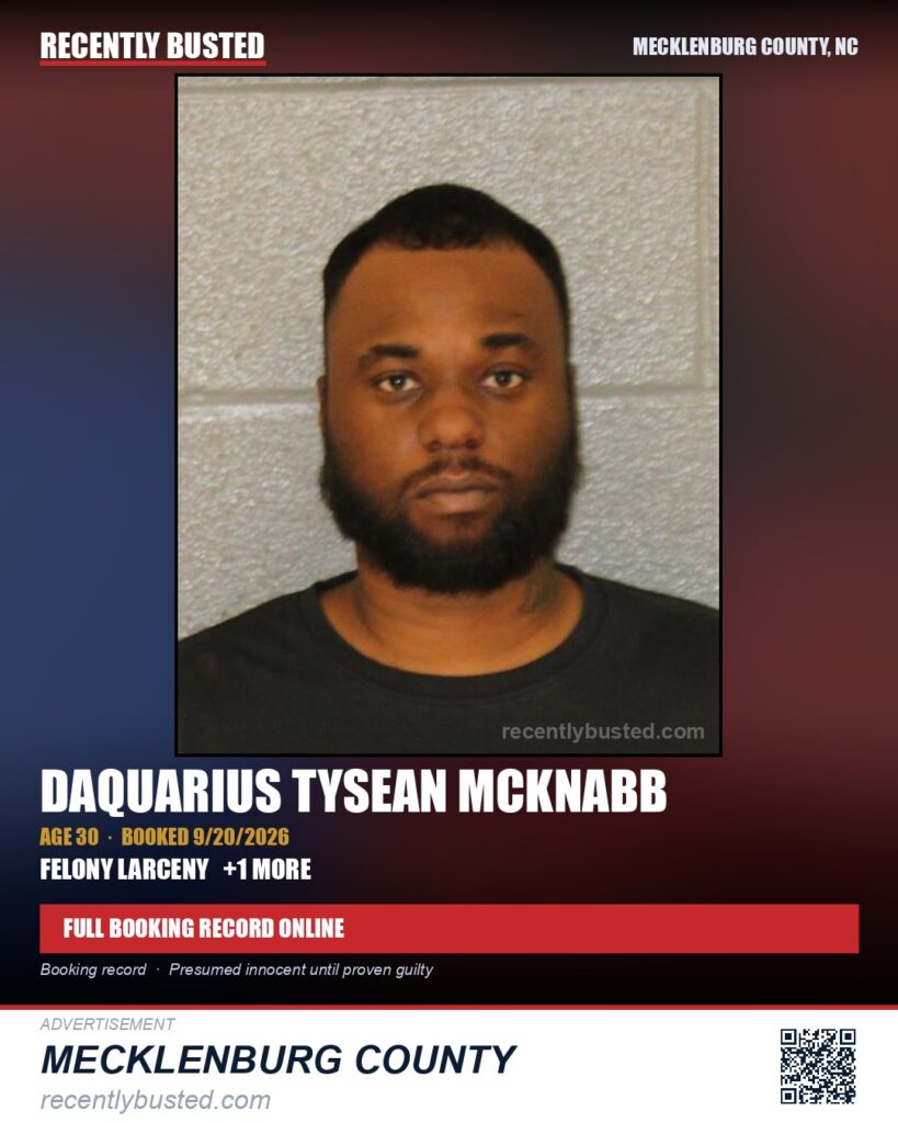 DAQUARIUS TYSEAN MCKNABB — arrest record card, Mecklenburg County, North Carolina