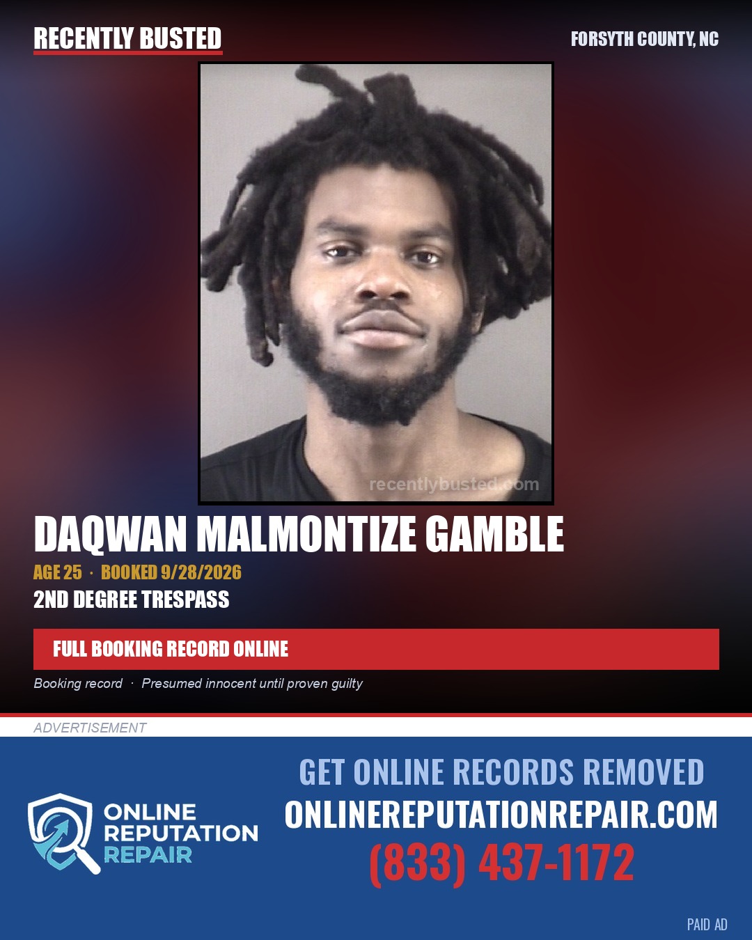 DAQWAN MALMONTIZE GAMBLE — arrest record card, Forsyth County, North Carolina