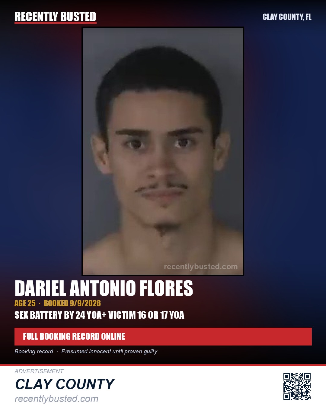 DARIEL ANTONIO FLORES — arrest record card, Clay County, Florida