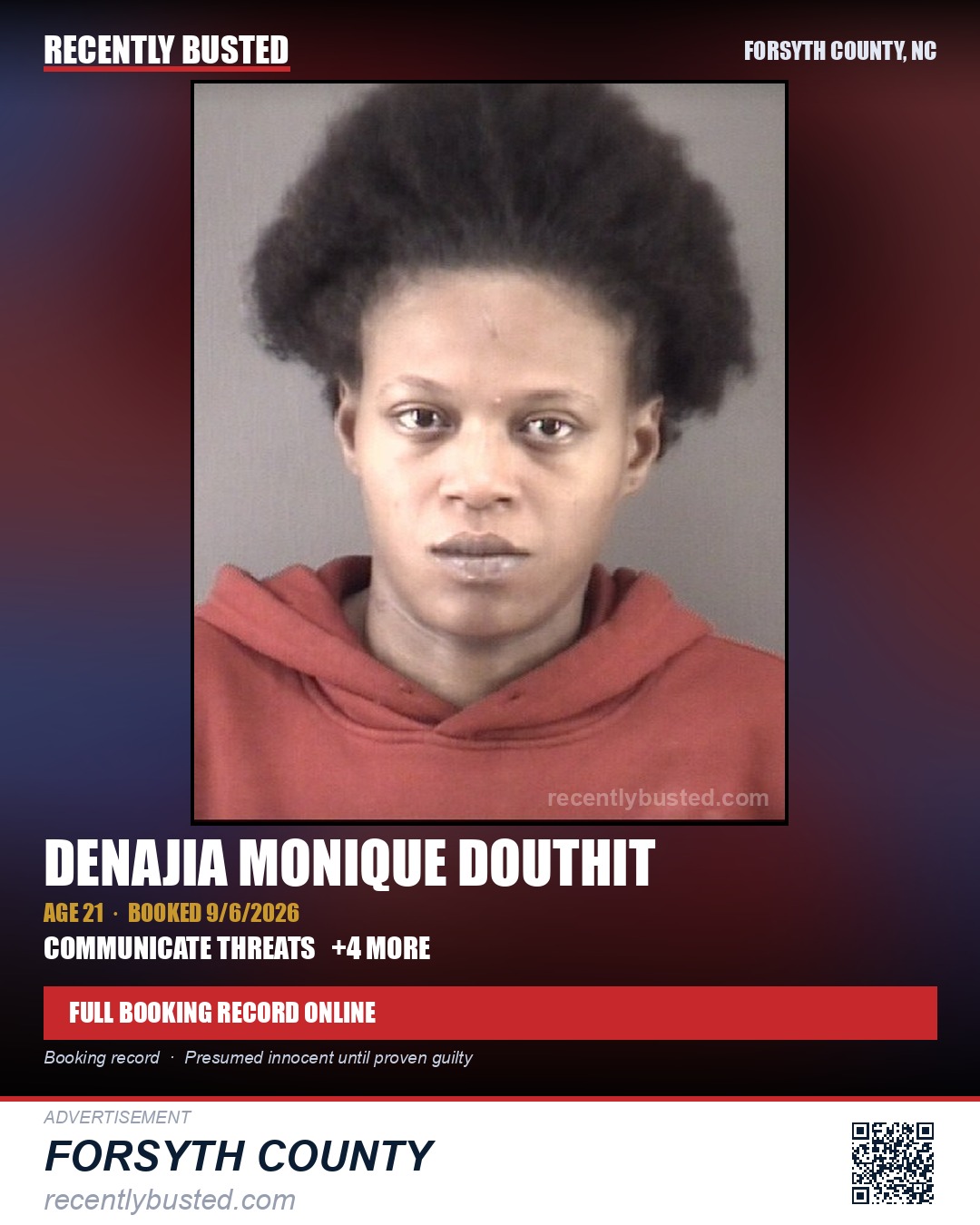 DENAJIA MONIQUE DOUTHIT — arrest record card, Forsyth County, North Carolina