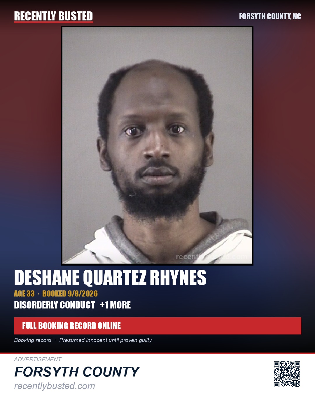 DESHANE QUARTEZ RHYNES — arrest record card, Forsyth County, North Carolina