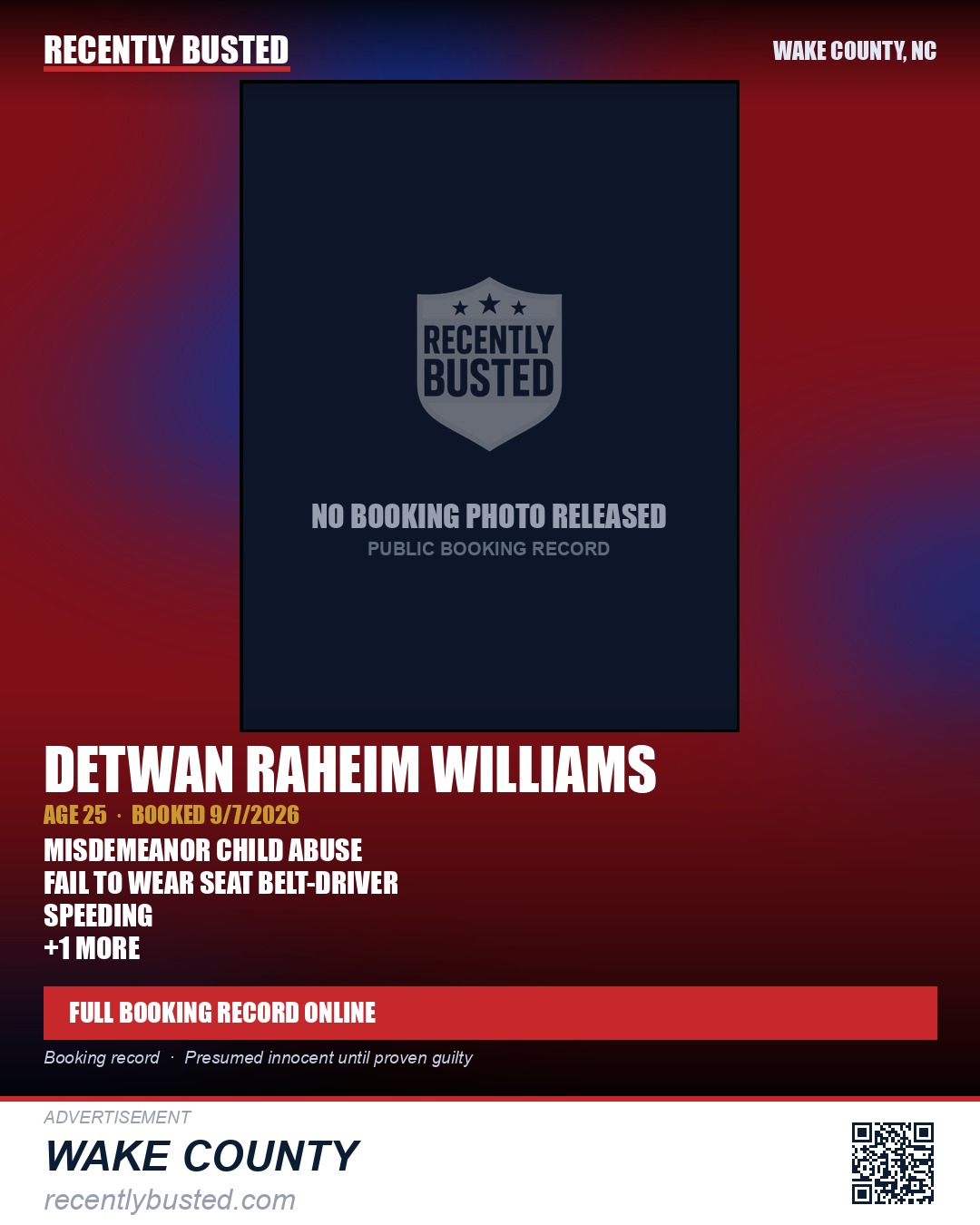 DETWAN RAHEIM WILLIAMS — arrest record card, Wake County, North Carolina