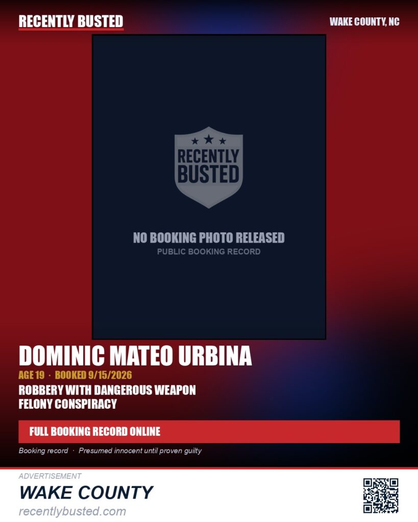 DOMINIC MATEO URBINA — arrest record card, Wake County, North Carolina