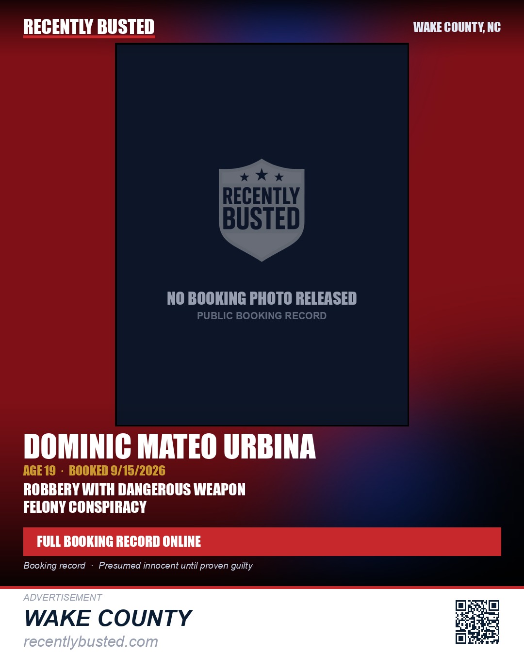 DOMINIC MATEO URBINA — arrest record card, Wake County, North Carolina