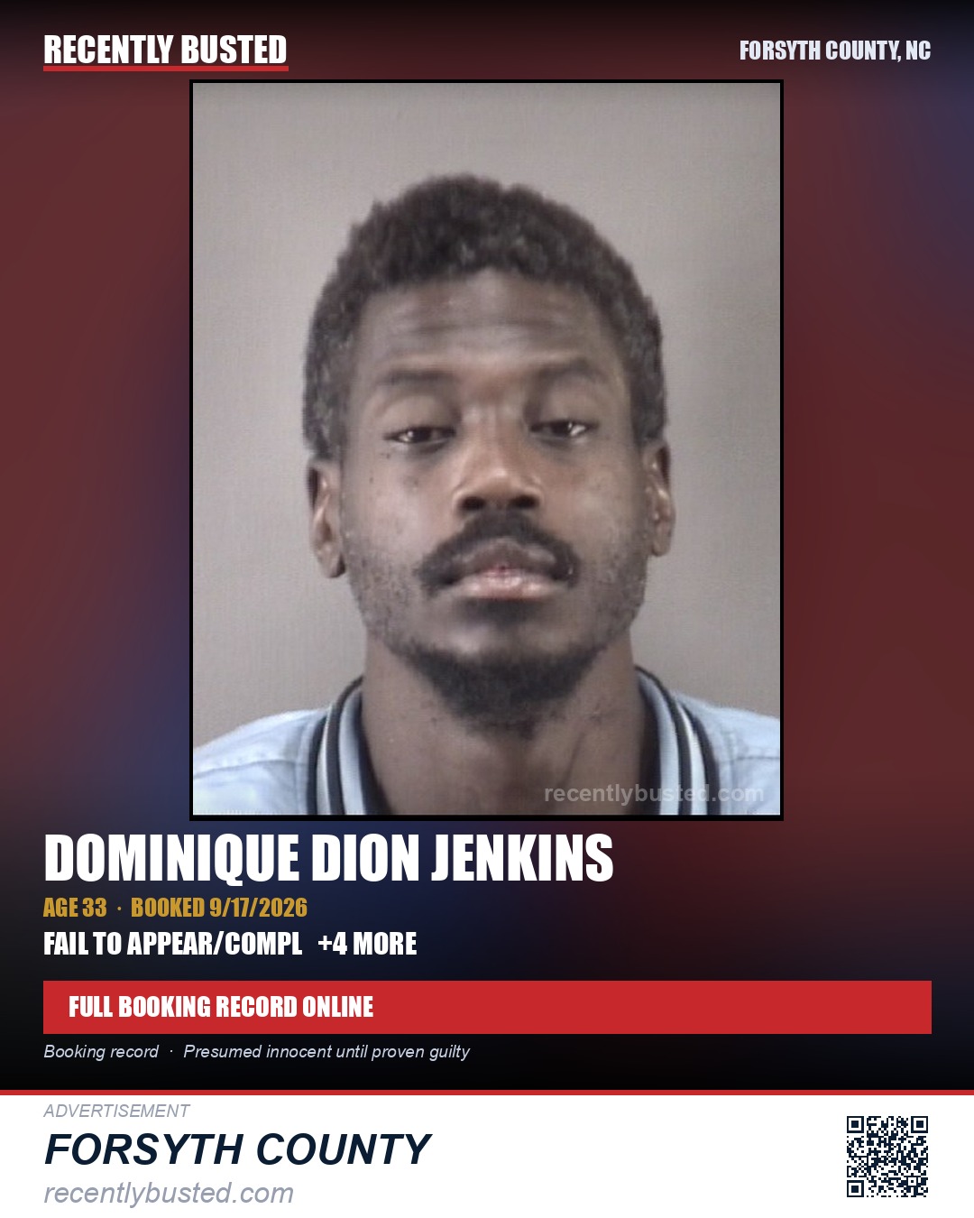 DOMINIQUE DION JENKINS — arrest record card, Forsyth County, North Carolina