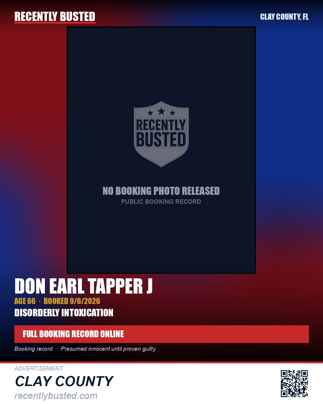 DON EARL TAPPER J — arrest record card, Clay County, Florida