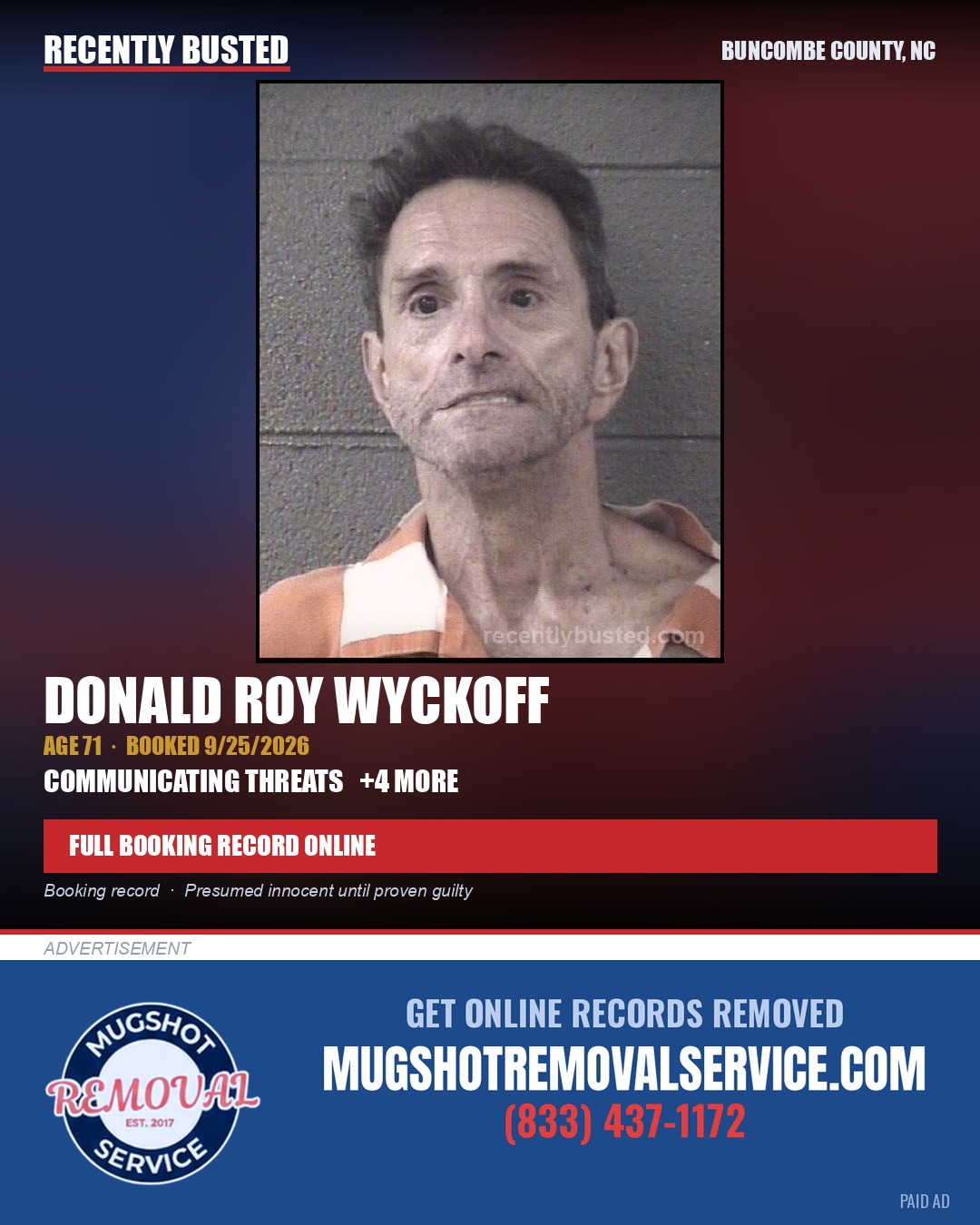 DONALD ROY WYCKOFF — arrest record card, Buncombe County, North Carolina