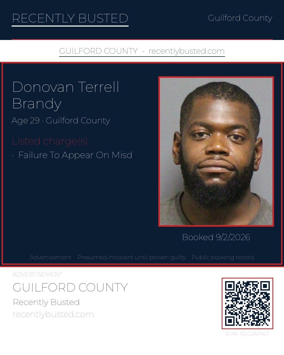 DONOVAN TERRELL BRANDY — arrest record card, Guilford County, North Carolina
